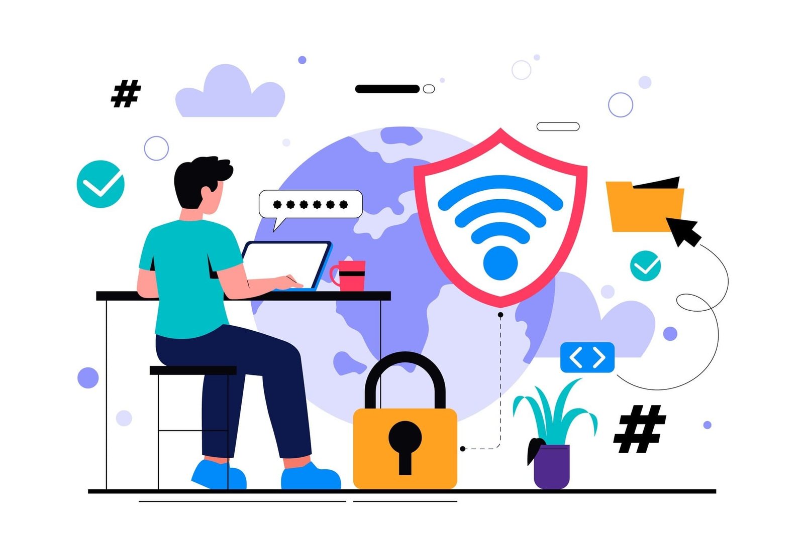 Illustration of person with a lot of tech around them
